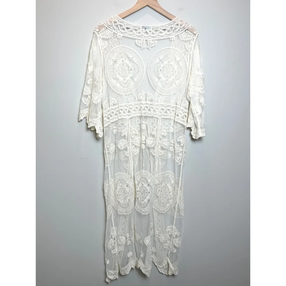 Rebellion Again Long Sheer Duster Cardigan Lace Crochet Romantic White Cream L‎